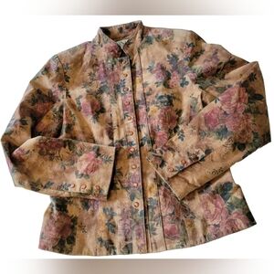 Vntg VS2 Leather Suede Floral Print Snap-on Jacket M Tan
